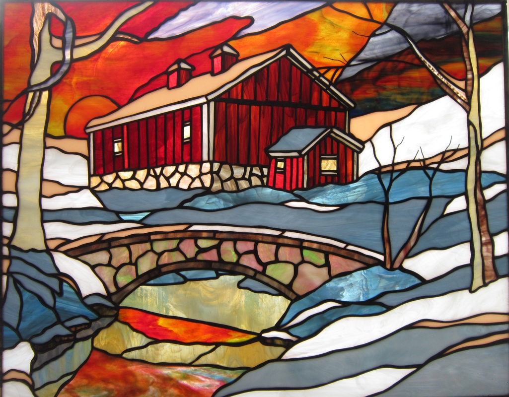 Stained glass winter sunset with barn and bridge