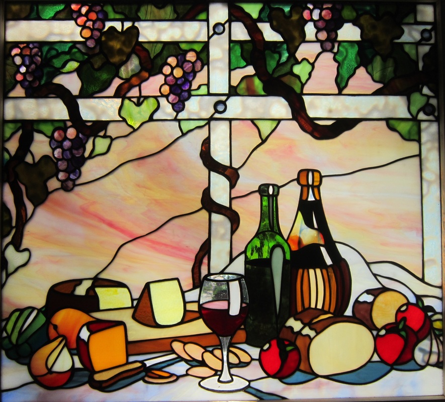 Wine cheese and bread stained glass window by tom nelson